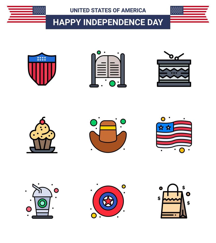 Group of 9 Flat Filled Lines Set for Independence day of United States of America such as sweet dessert entrance cake parade Editable USA Day Vector Design Elements
