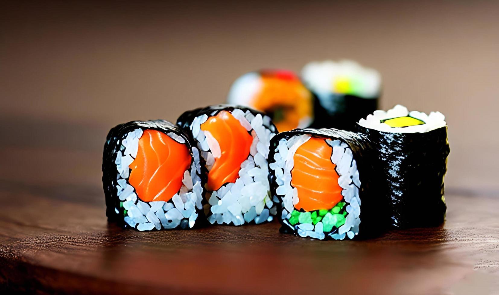 Traditional, fresh delicious sushi rolls food. Creative Sushi. photo