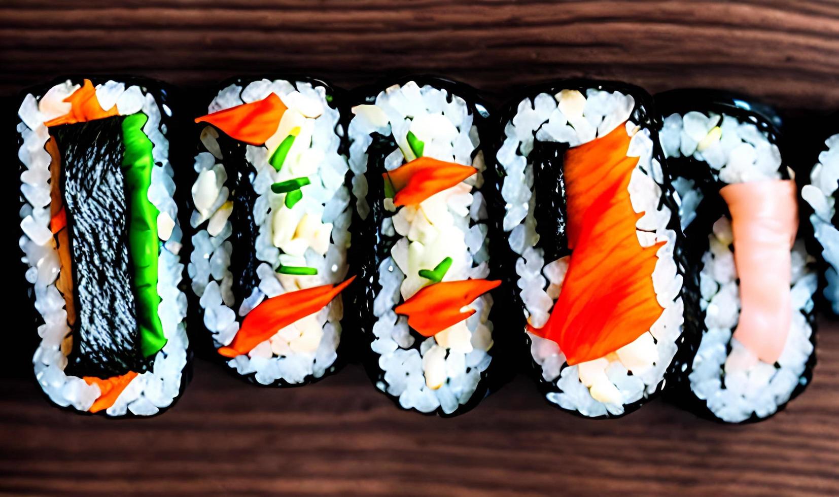 Traditional, fresh delicious sushi rolls food. Creative Sushi. photo