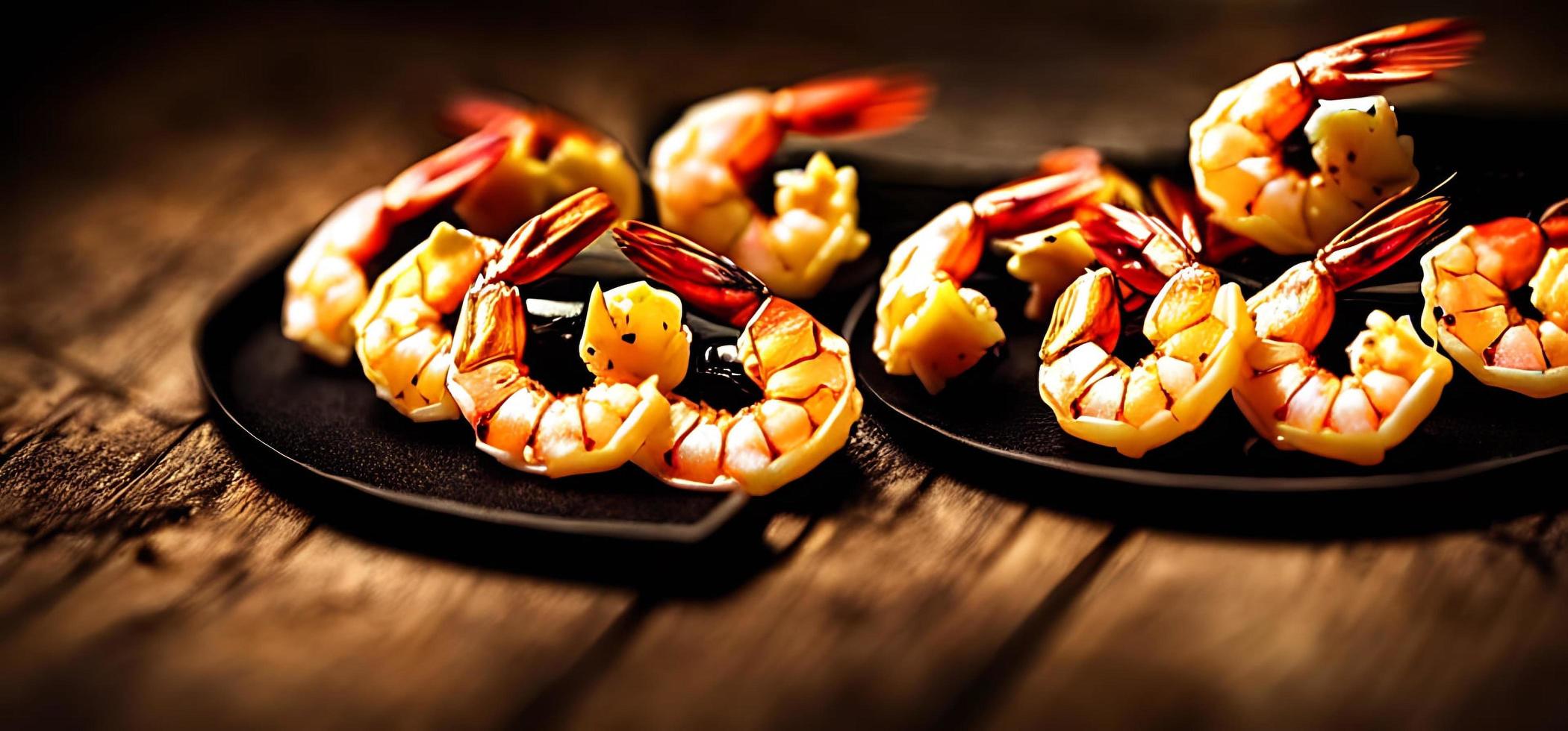 Fried shrimps. Sea products. Healthy food. Hot shrimp dish. photo