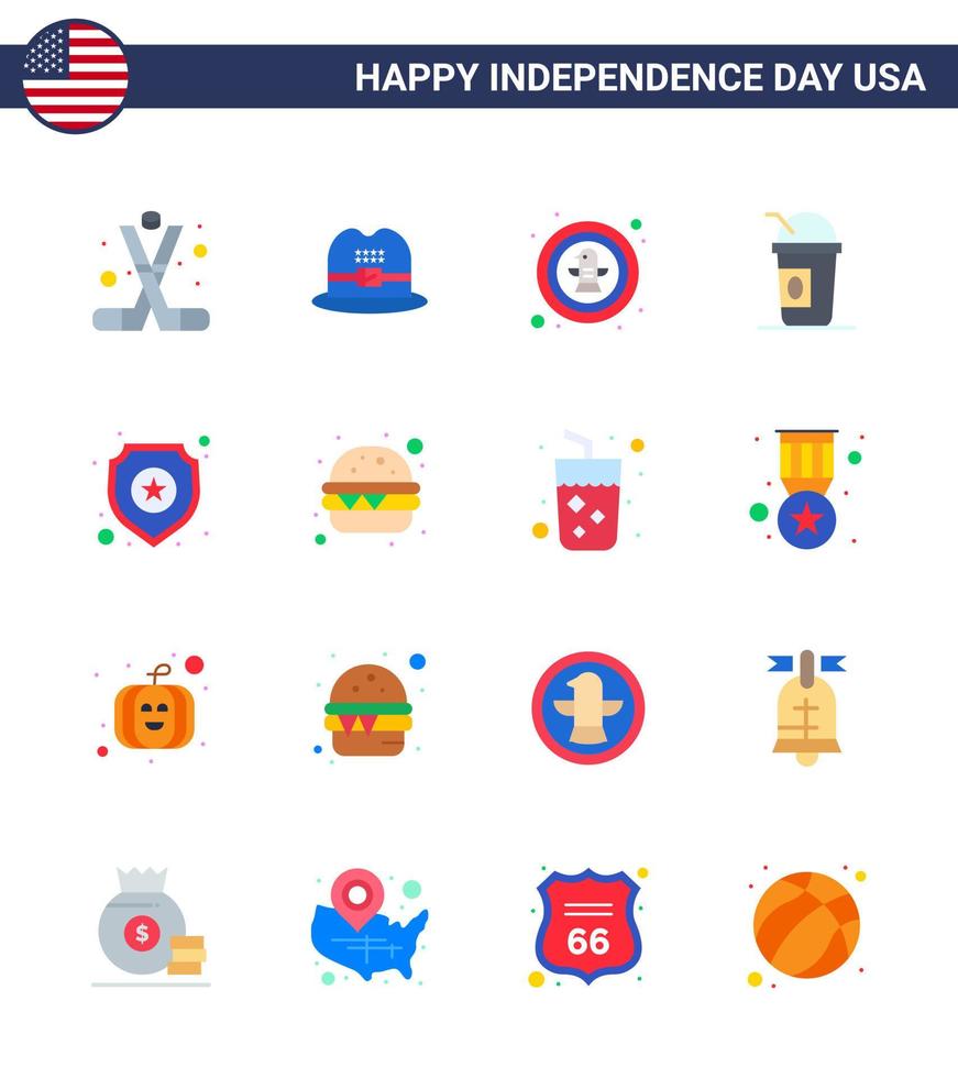 USA Independence Day Flat Set of 16 USA Pictograms of shield limonade american american badge Editable USA Day Vector Design Elements