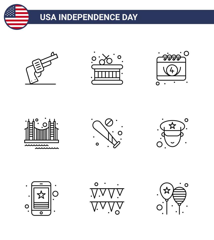 Happy Independence Day USA Pack of 9 Creative Lines of ball tourism calendar landmark gate Editable USA Day Vector Design Elements