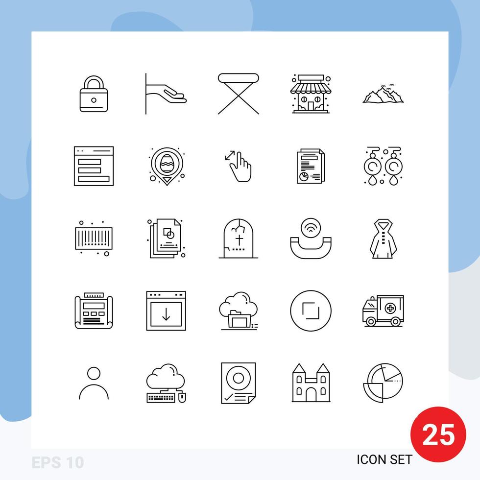 Line Pack of 25 Universal Symbols of hill mountain house store market store Editable Vector Design Elements