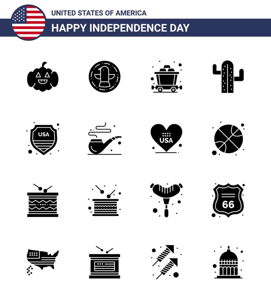 Happy Independence Day USA Pack of 16 Creative Solid Glyphs of usa shield mine security plent Editable USA Day Vector Design Elements