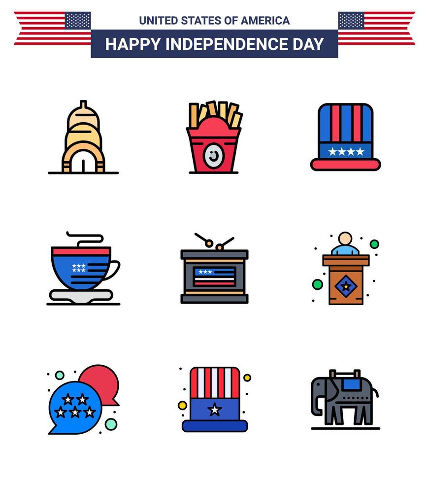 conjunto de 9 líneas planas llenas modernas paquete en el día de la independencia de estados unidos día de la independencia tapa de vacaciones copa de tambor elementos de diseño vectorial del día de estados unidos editables vector