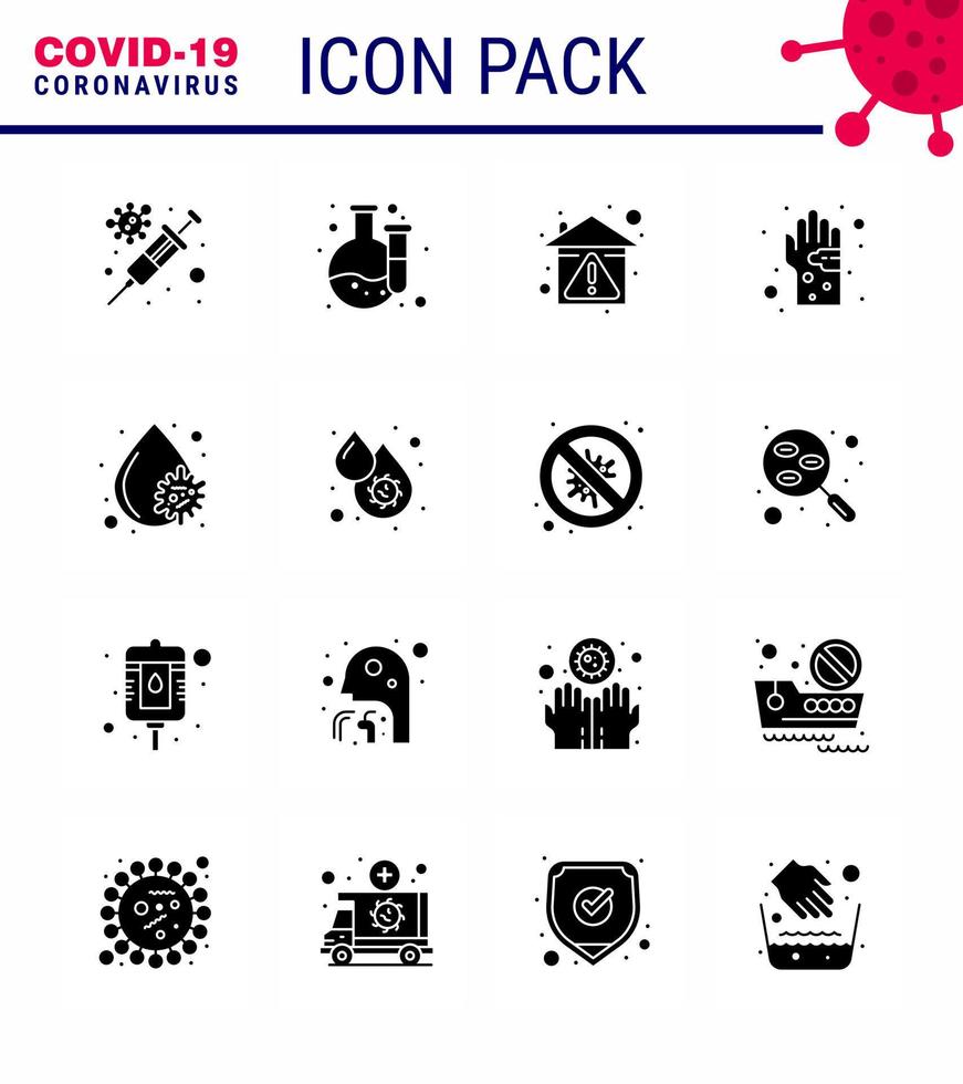 Coronavirus Prevention Set Icons 16 Solid Glyph Black icon such as virus hand hygiene germ bacterial viral coronavirus 2019nov disease Vector Design Elements