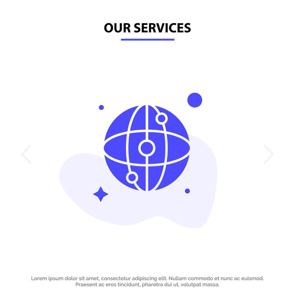 Our Services World Map Network Solid Glyph Icon Web card Template vector