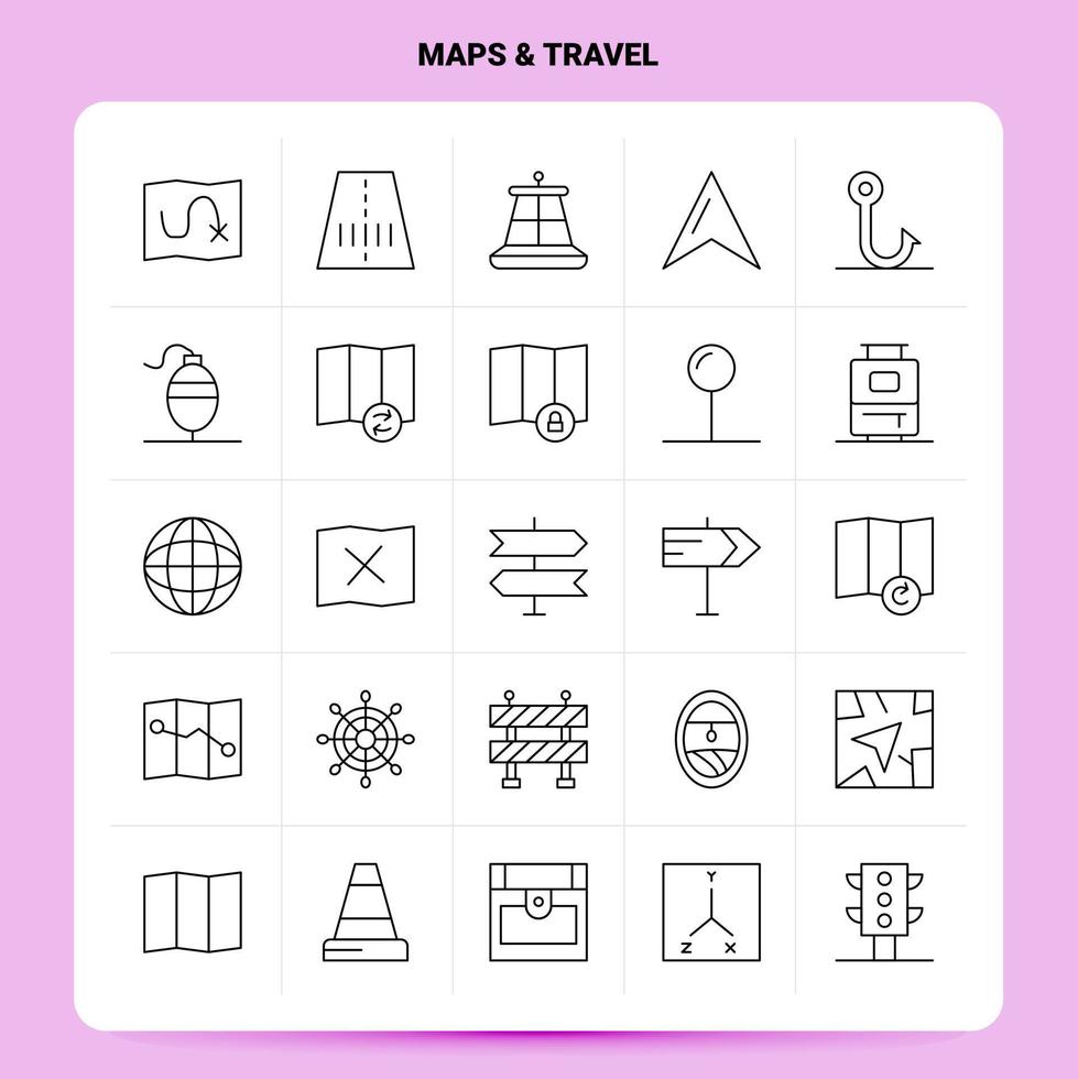 OutLine 25 Maps  Travel Icon set Vector Line Style Design Black Icons Set Linear pictogram pack Web and Mobile Business ideas design Vector Illustration