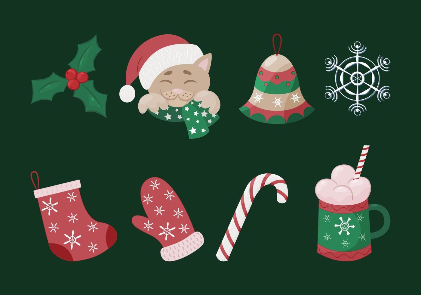 conjunto de imágenes prediseñadas de Navidad. campana, gato, piruleta, copo de nieve, calcetín, guante, baya de acebo, taza con bebida. estilo de dibujos animados vector. vector