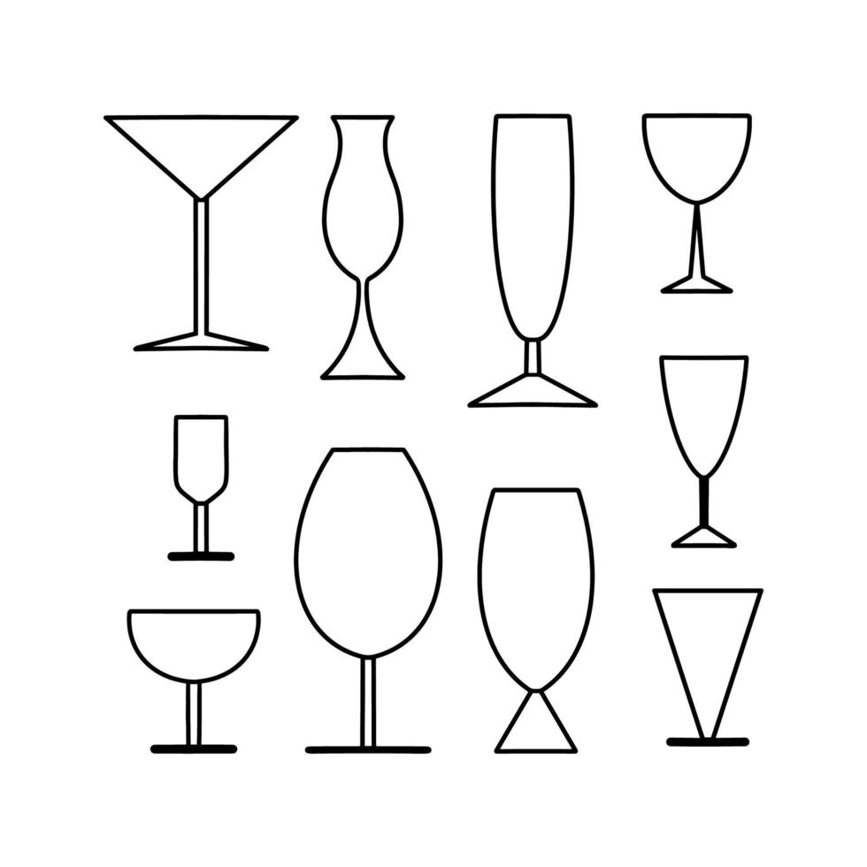 Set of glass line icons. A type of glassware for drinks in the style of outline. vector