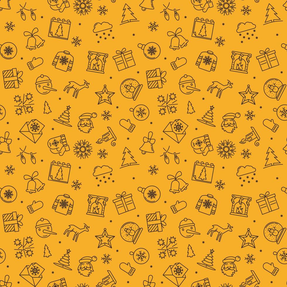 Winter Holidays vector yellow seamless pattern. Christmas and New Year line background