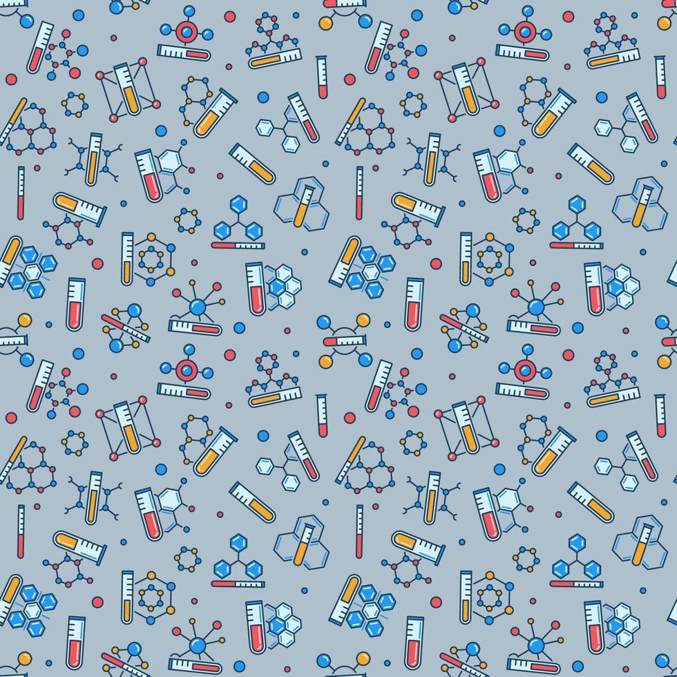 Colored Molecules and Test Tubes Seamless background. Science Pattern vector