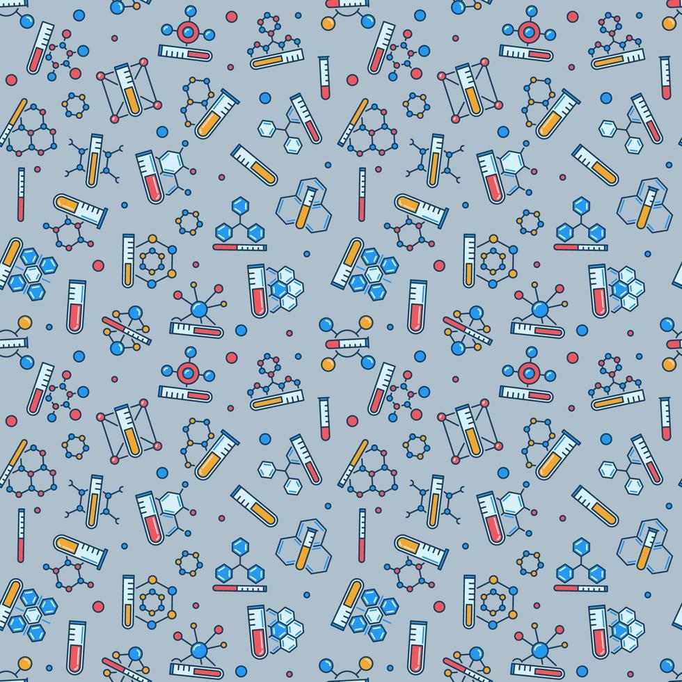 Colored Molecules and Test Tubes Seamless background. Science Pattern vector