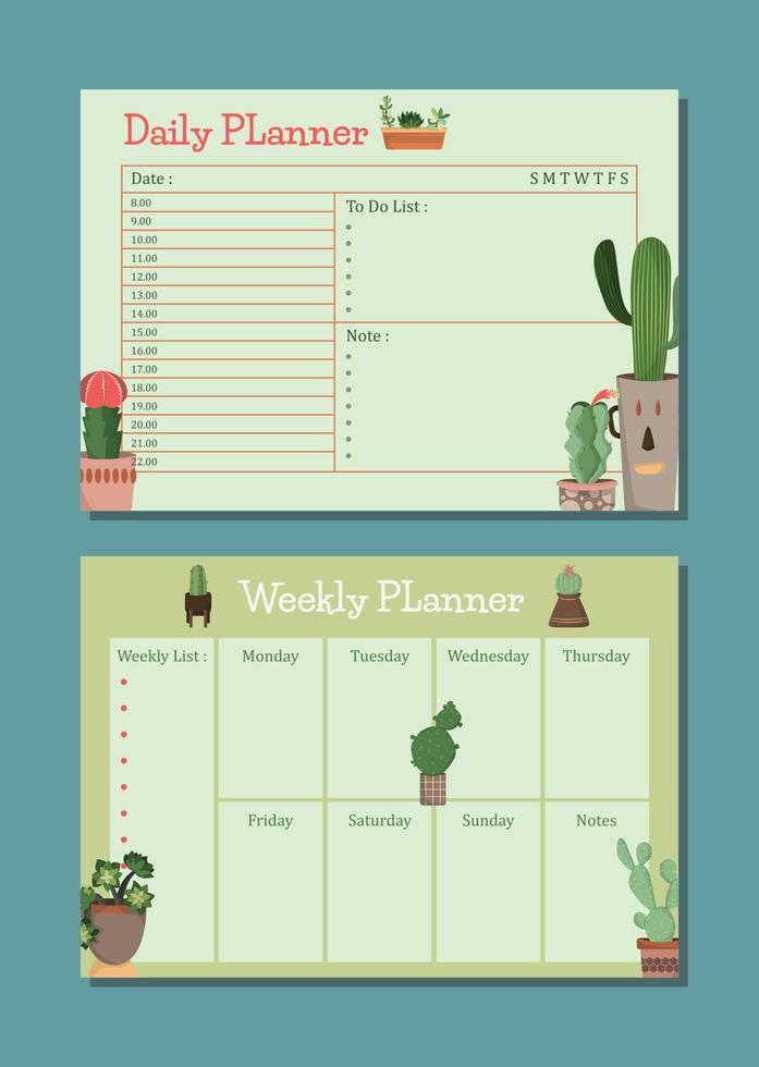 plantillas de planificador de diario con tema de cactus vector