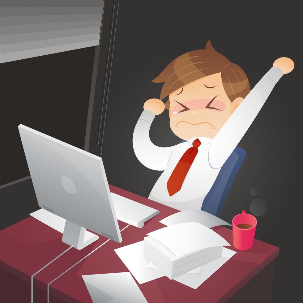 Businessman working overtime late night in office vector