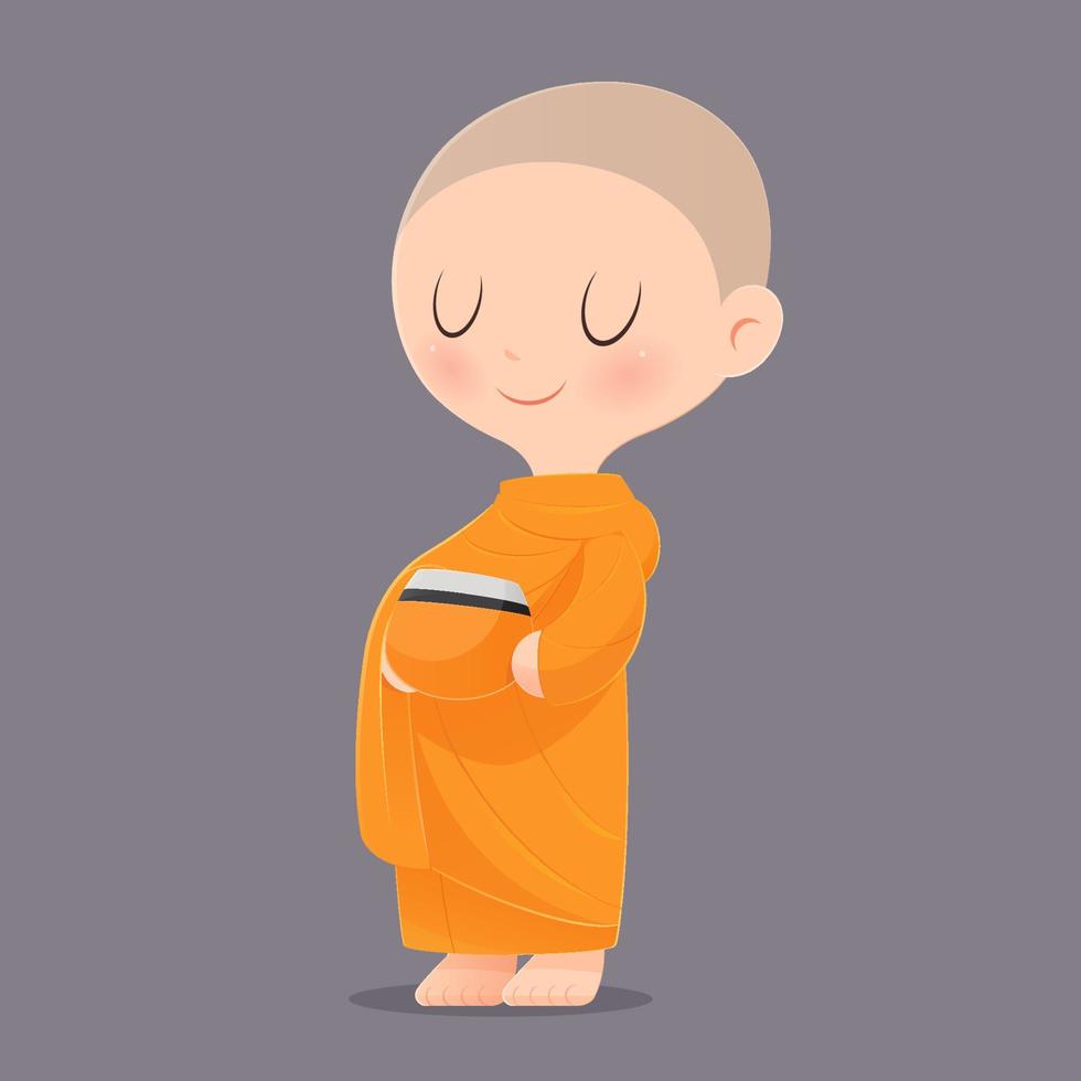 Cartoon Buddhist Monk Of Southeast Asia. Receive Food Offerings. Vector illustration.