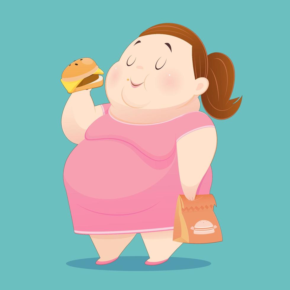 The fat woman is enjoy eating many junk foods vector