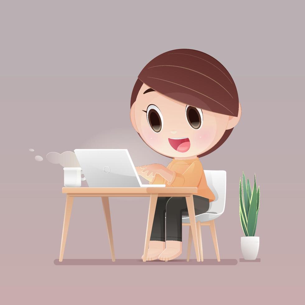 mujer de dibujos animados trabajando en una computadora portátil vector