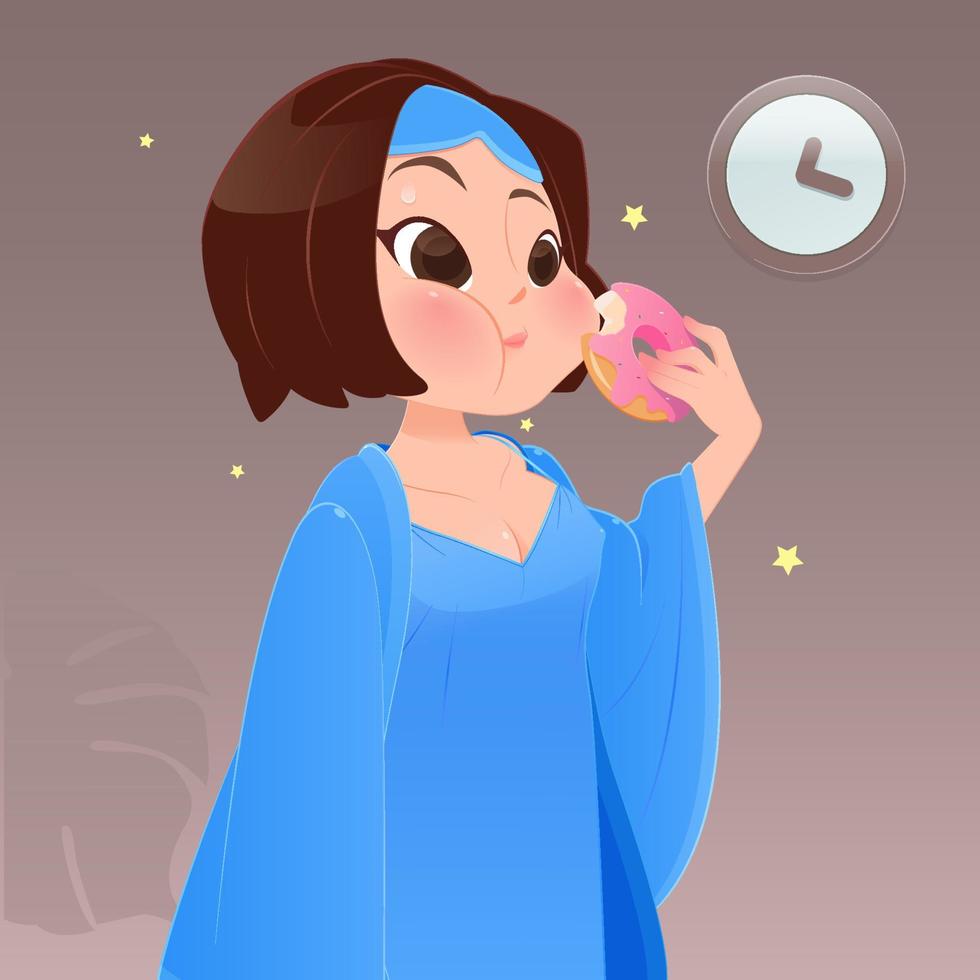 Illustration woman in blue nightgown eating donut in kitchen with window at night, Cartoon vector