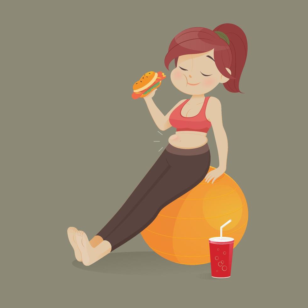 una mujer comiendo un pedazo de comida rápida, las mujeres se niegan a hacer ejercicio, ilustración vectorial vector