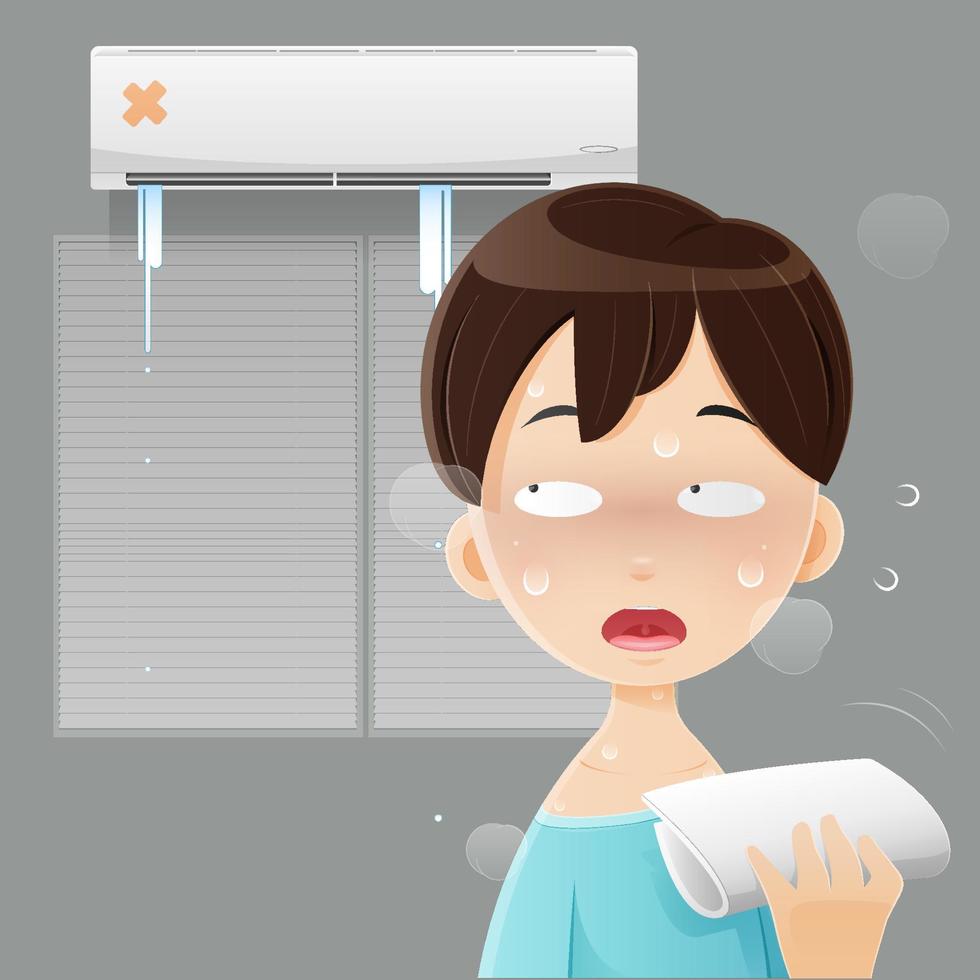 illustration man sleepless because of the broken air conditioner at home. vector