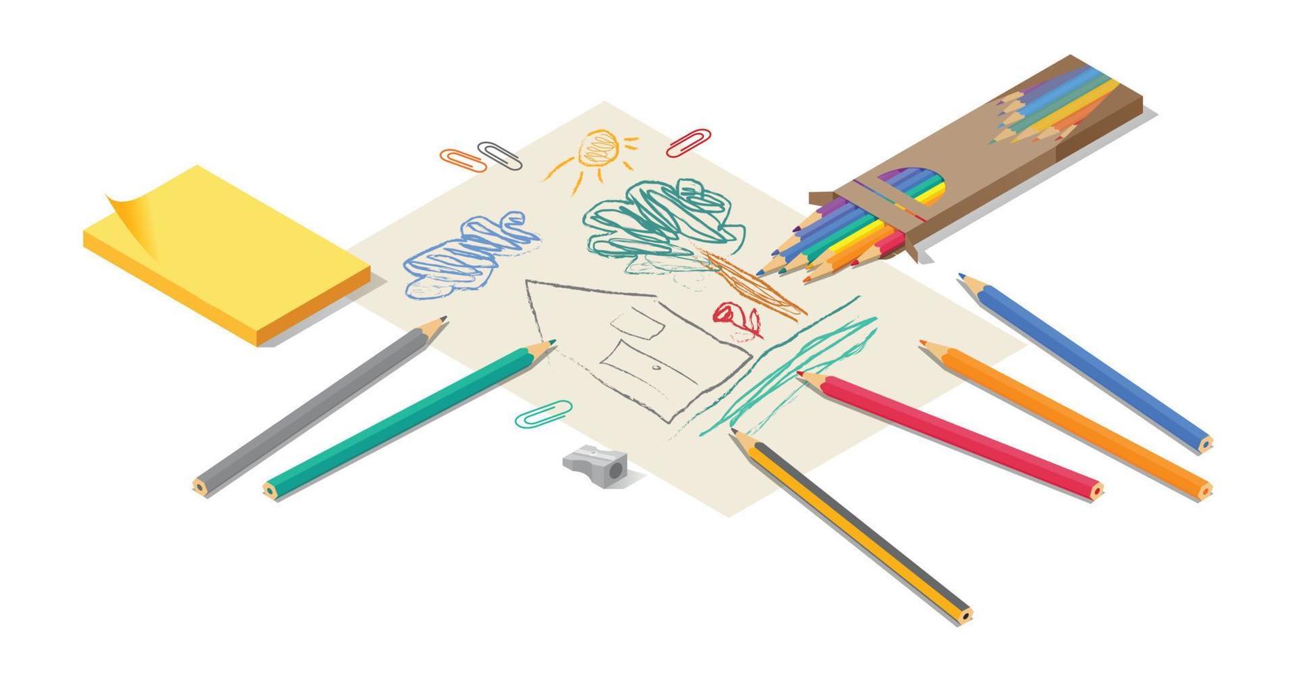 Set of pencils outside their boxes and paper. Vector