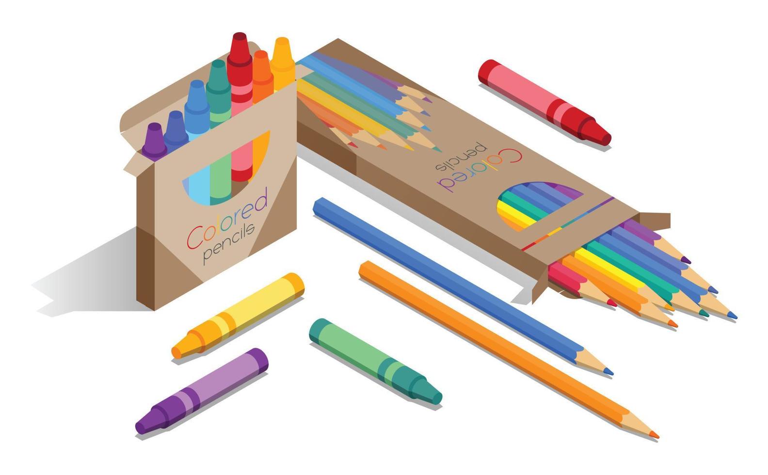Set of crayons and pencils outside their boxes. Vector