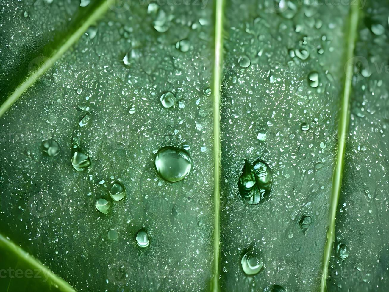 green leaf with water droplets on it. Generative AI. photo