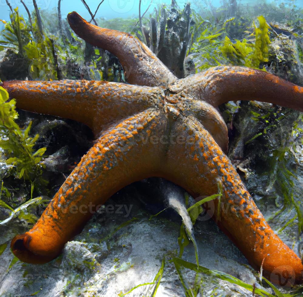 orange starfish lies beneath the deep sea. Generative AI. photo