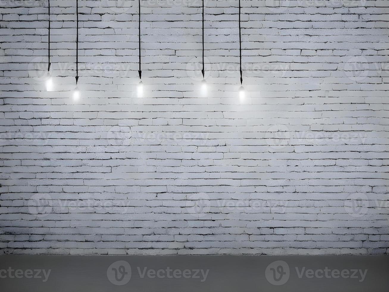 a white brick wall with five lights hanging from it. Generative AI. photo
