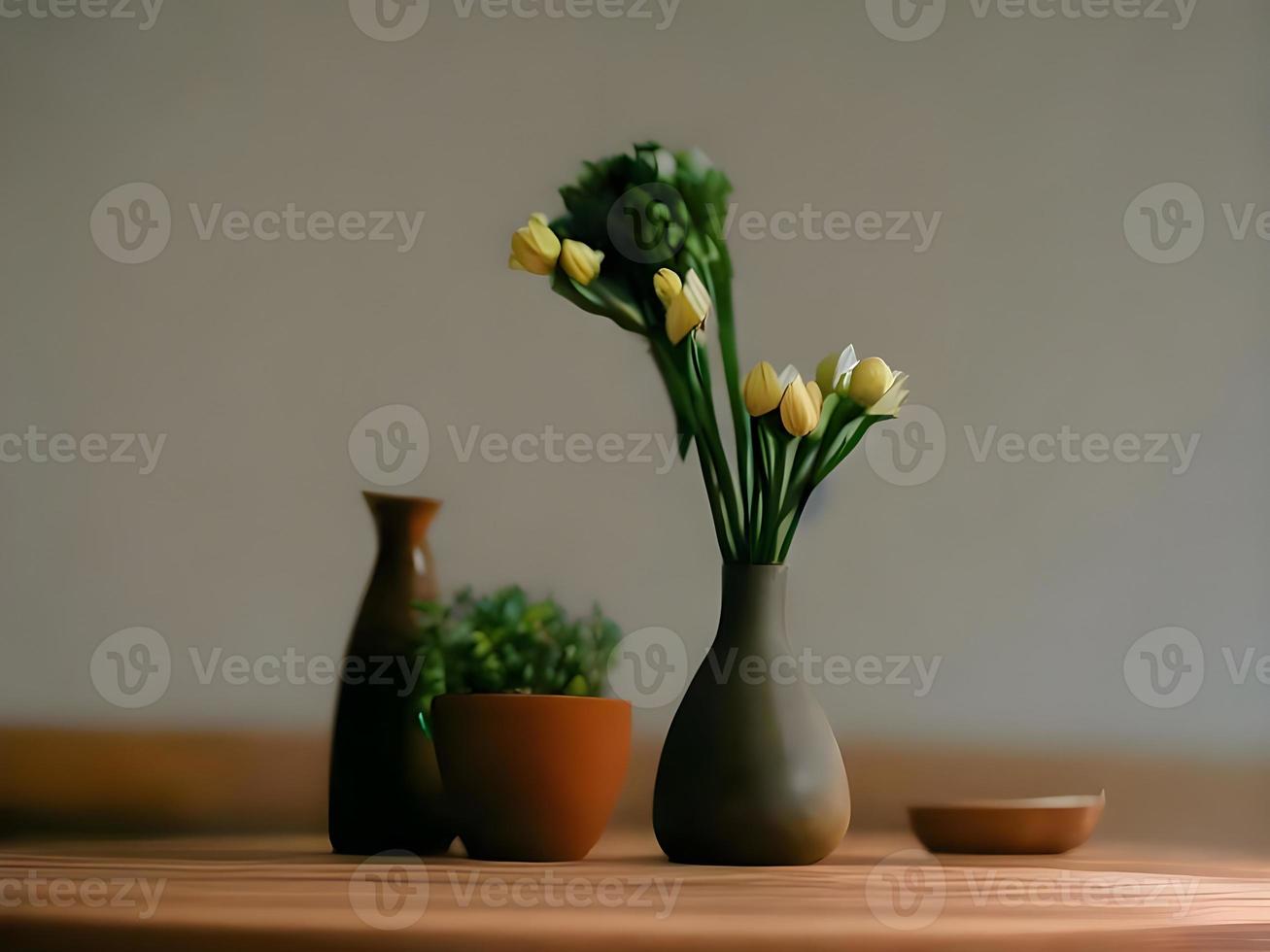 couple of vases sitting on top of a wooden table. Generative AI. photo