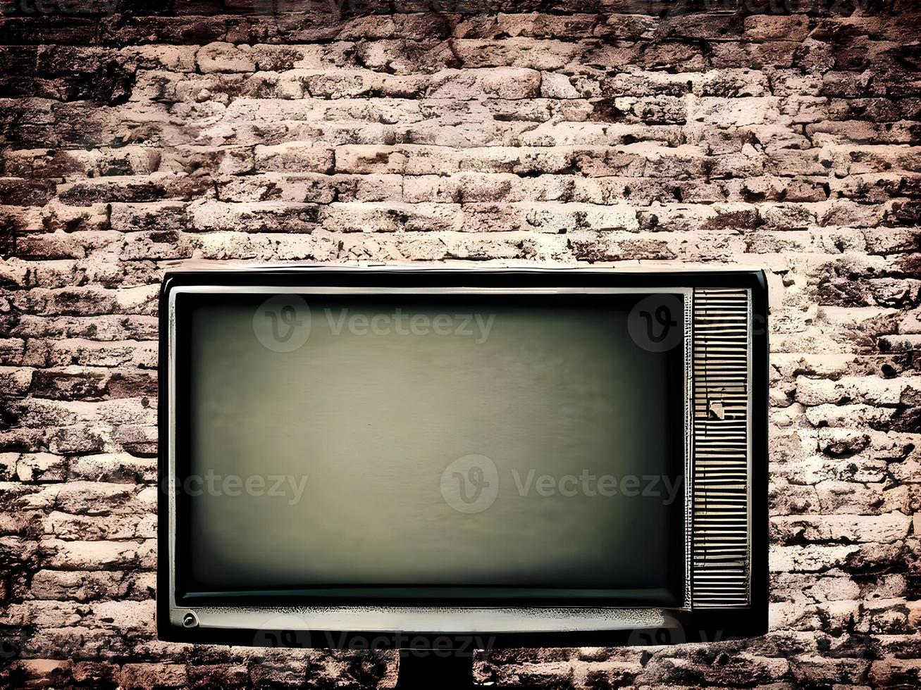 old television sitting on a stand in front of a brick wall. Generative AI. photo