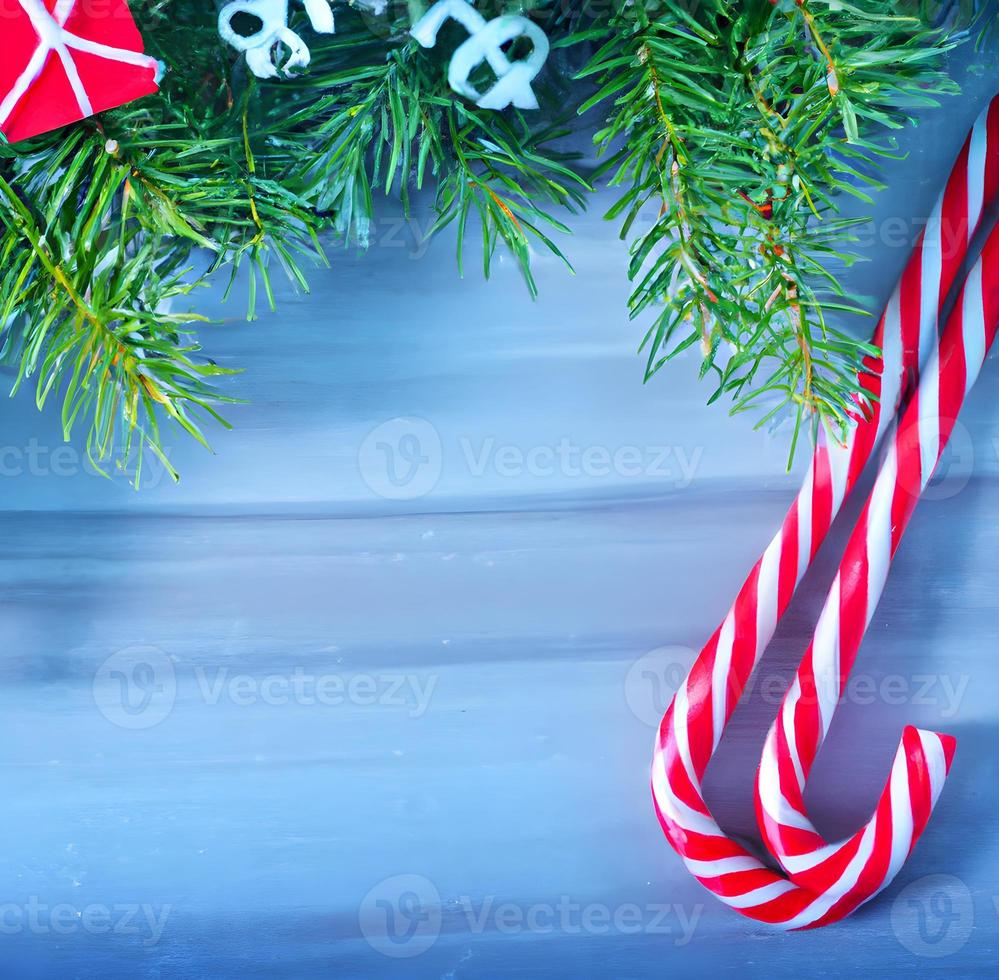 A christmas background with candy cane and Christmas tree. Generative AI. photo