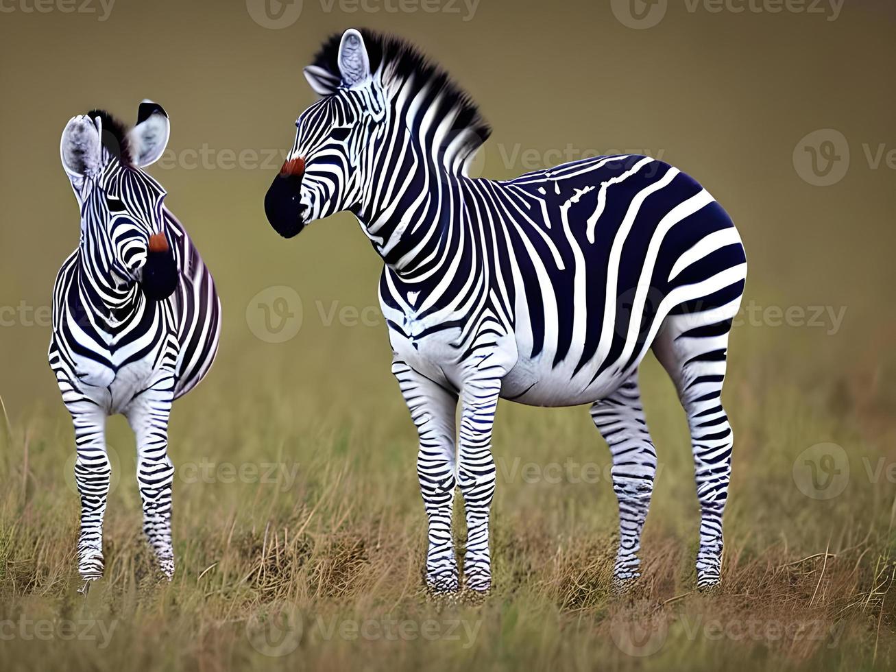 couple of zebra standing on top of a grass covered field. Generative AI. photo