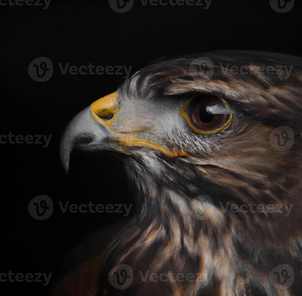 close up of a bird of prey with a black background. hawk. Generative AI. photo