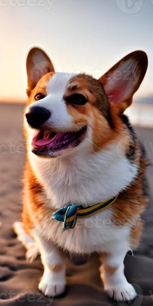 beautiful portrait of a cute Corgi. a brown and white dog sitting on the sand at the beach. Generative AI. photo