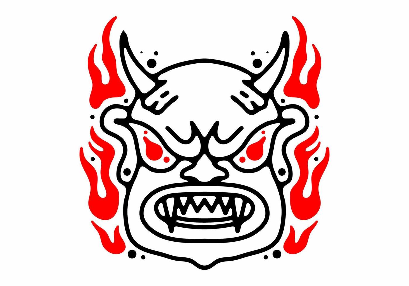 diseño de tatuaje de cara de monstruo con cuerno y llama de fuego vector