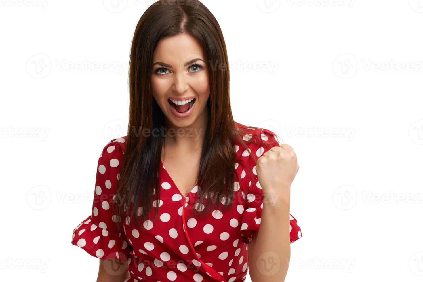 Caucasian brunette woman having fun and smiling isolated over white background photo