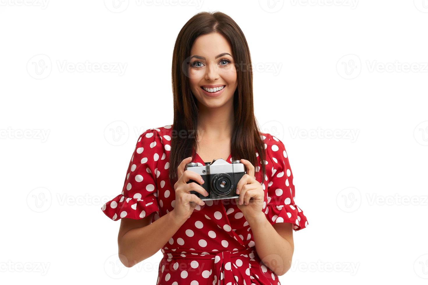 Caucasian brunette woman having fun and smiling isolated over white background photo