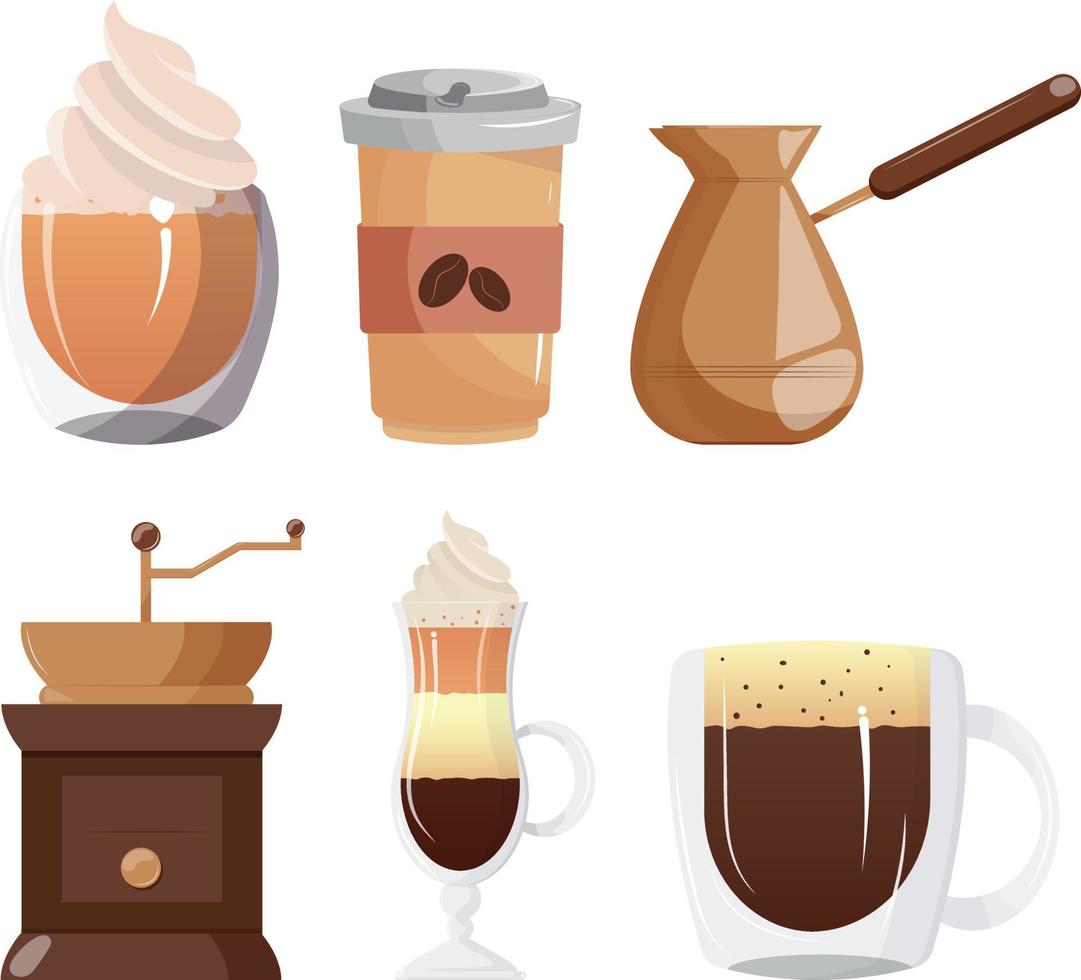 conjunto de ilustración de vector de icono de bebidas de café. vidrio, crema, comida para llevar, molinillo de café. refrescante bebida caliente por la mañana para la energía