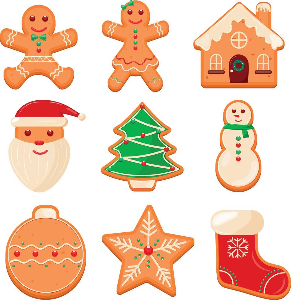 conjunto de galletas de jengibre de dibujos animados. elementos vectoriales navideños para ilustraciones, tarjetas, pancartas y fondos navideños. deliciosas galletas caseras. vector