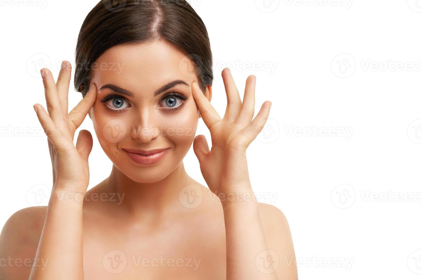 Beautiful woman face close up studio on white photo