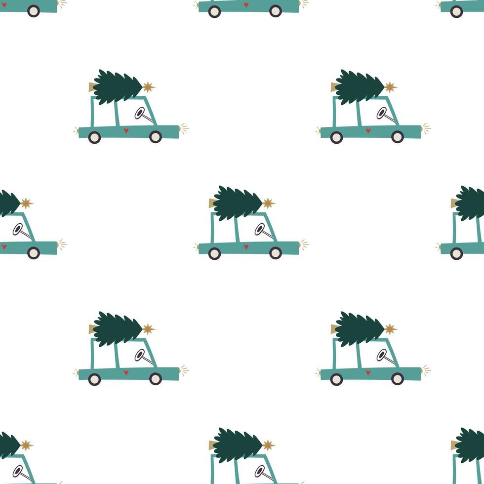 Funny car with a Christmas tree on the roof. Cute seamless festival pattern vector