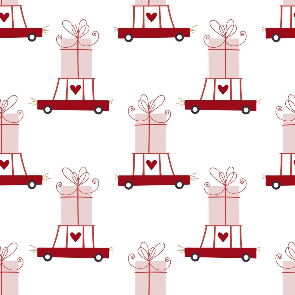 Romantic pattern. Pink gift box, cute red car and hearts. Holiday seamless pattern. vector