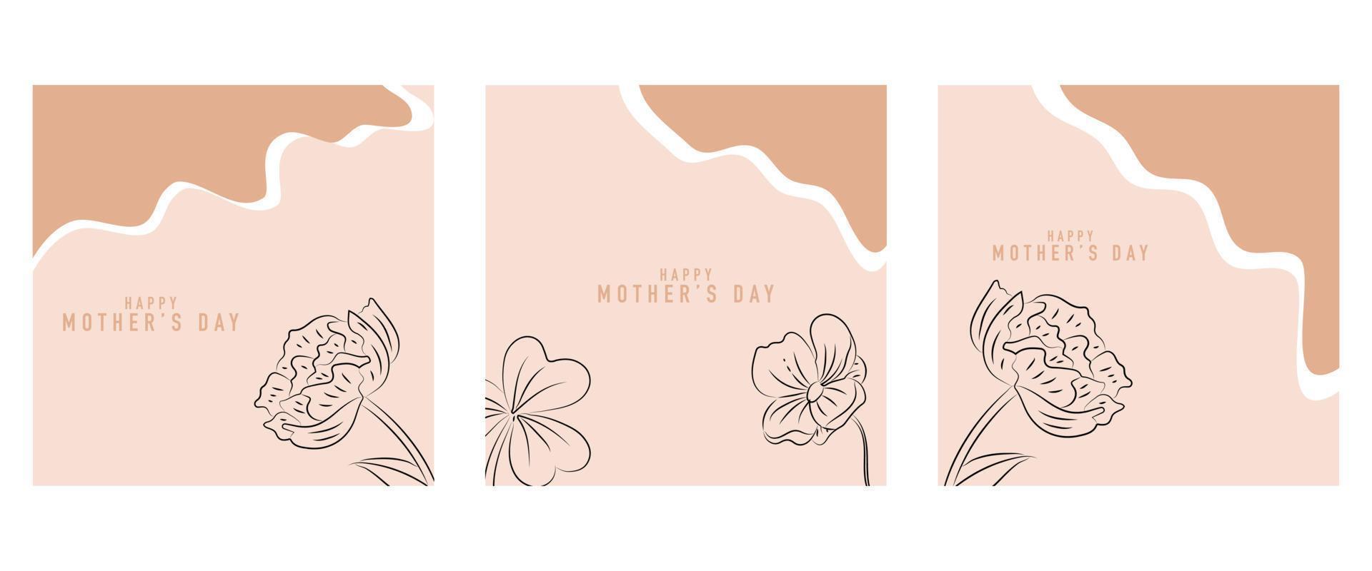 Happy Mother's Day vector greeting card set with beautiful flowers and hearts. Line drawing of flowers. One line minimalist style illustration for banner