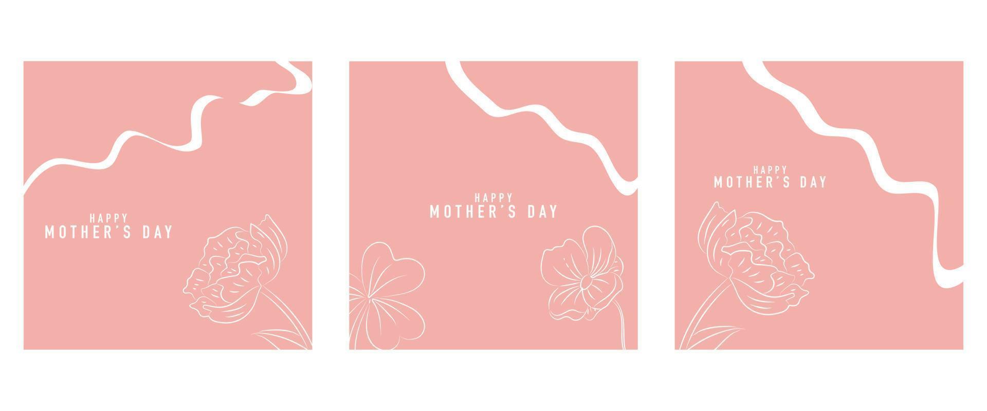 feliz día de la madre tarjeta de felicitación vectorial con hermosas flores y corazones. dibujo lineal de flores. ilustración de estilo minimalista de una línea para banner vector