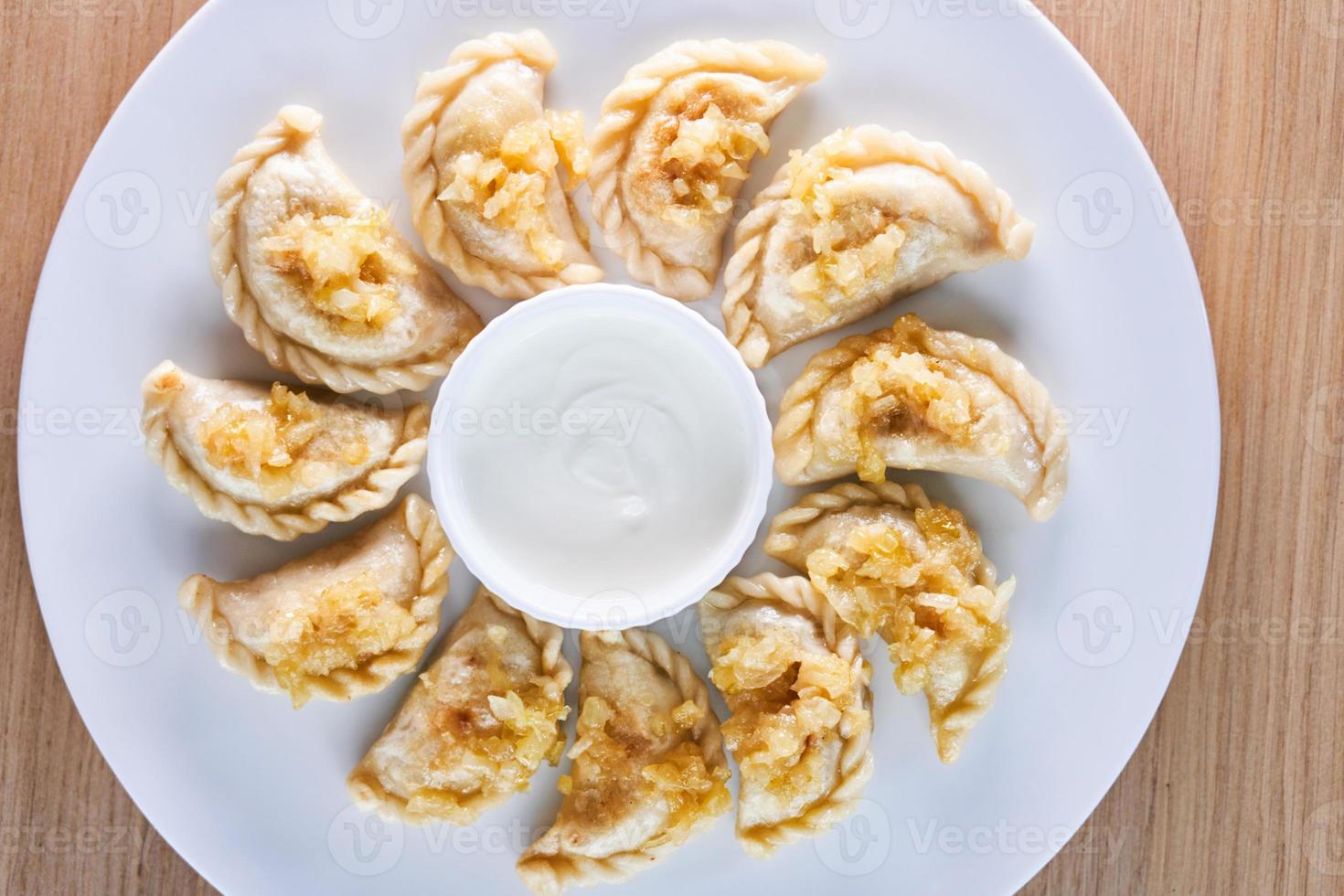Fried dumplings stuffed with meat carmelized onion on white plate photo