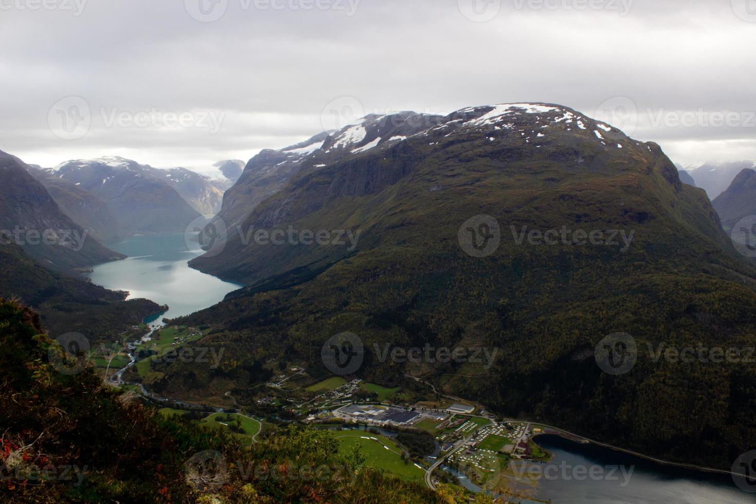 Scenic view of valley and Lovatnet near Via ferrata at Loen,Norway with mountains in the background.norwegian october morning,photo of scandinavian nature for printing on calendar,wallpaper,cover photo