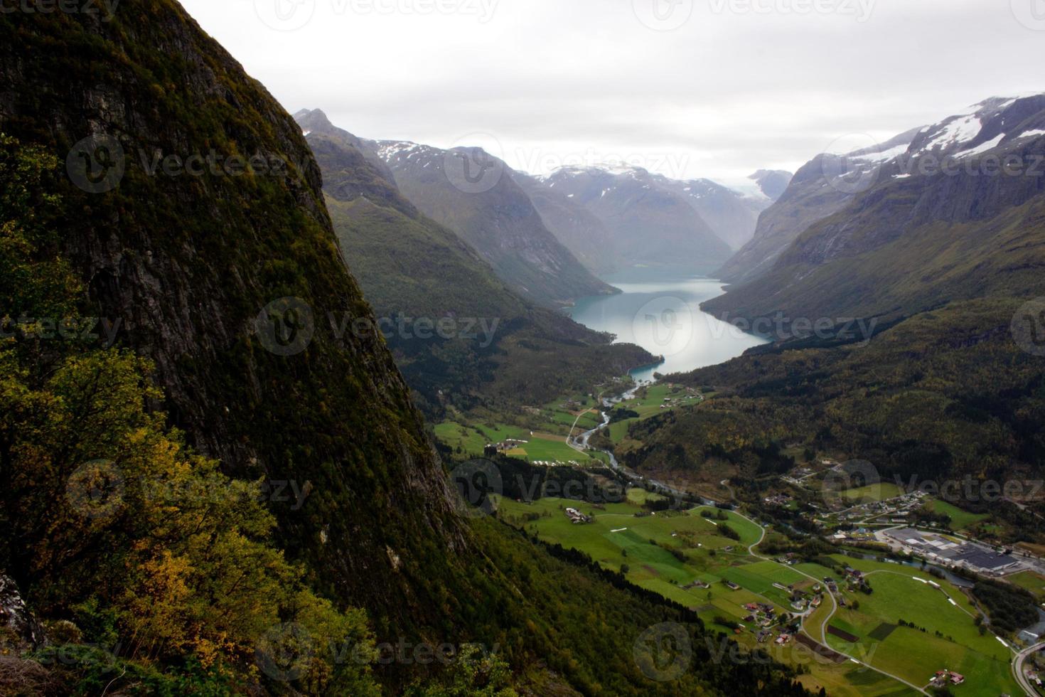 Scenic view of valley and Lovatnet near Via ferrata at Loen,Norway with mountains in the background.norwegian october morning,photo of scandinavian nature for printing on calendar,wallpaper,cover photo