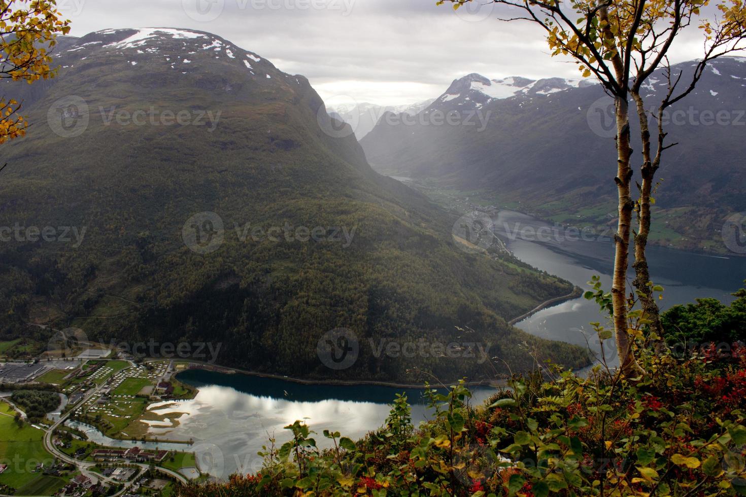 Scenic view of valley and Lovatnet near Via ferrata at Loen,Norway with mountains in the background.norwegian october morning,photo of scandinavian nature for printing on calendar,wallpaper,cover photo